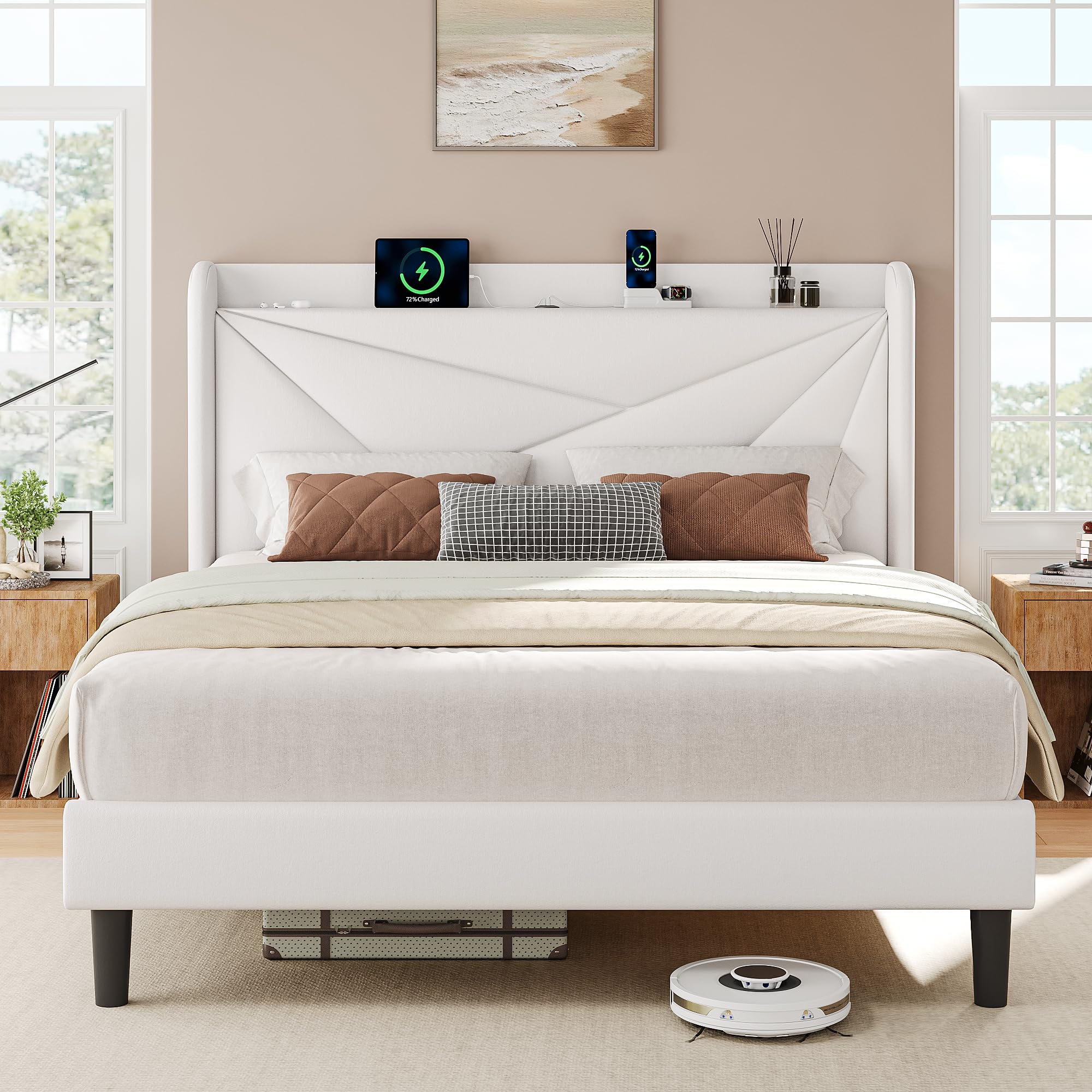 iPormis Twin Size Bed Frame with Charging Station, Linen Platform Bed Frame with Wingback Upholstered Headboard, Solid Wood Slats Support, No Box Spring Needed, Easy Assembly, Dark Grey
