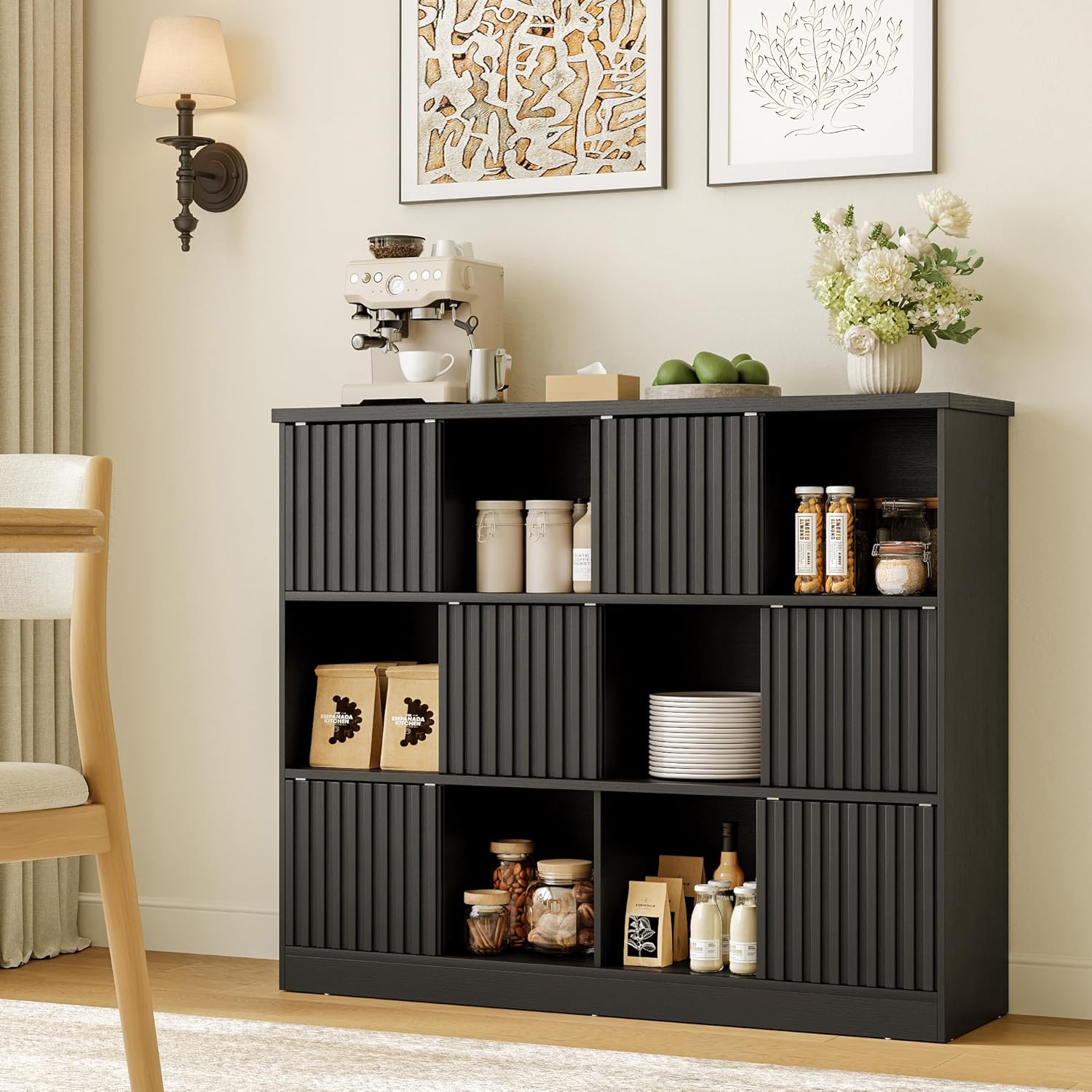 iPormis Bookcase 12 Cube Storage Organizer - 6 Fluted Sliding Doors, 3-Tier Wooden Bookshelf, 47.2” Freestanding Bookcase Shelf for Home/Office, Semi-Open Bookshelves, Black