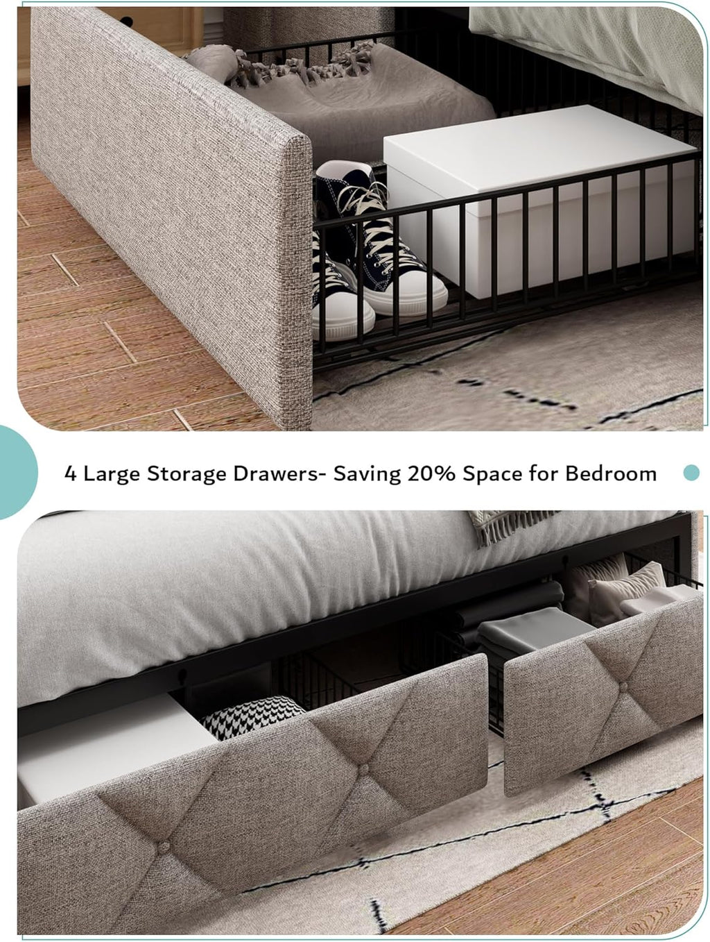 iPormis Queen Bed Frame with 4 Storage Drawers, Upholstered Platform Bed Frame with Charging Station, Modern Wingback Storage Headboard, Easy Assembly, Light Grey