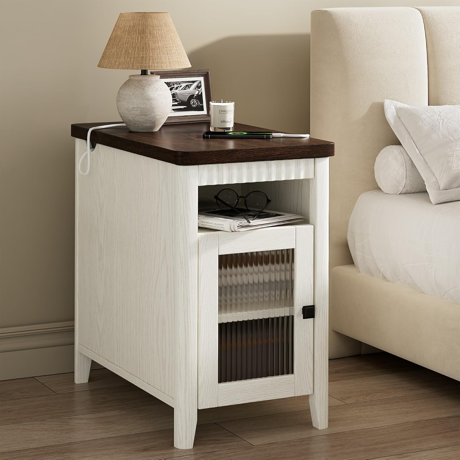 iPormis End Table with Charging Station, Narrow Side Table for Living Room, Farmhouse Night Stand with Storage Cabinet, Wood Bedside Table for Bedroom Small Space, White