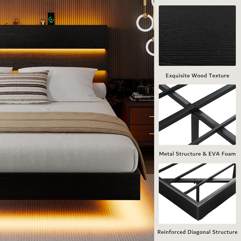 iPormis Queen Floating Bed Frame with LED Lights & Charging Station, Platform Bed with Wooden Storage Headboard, Steel Slats Support, No Box Spring Needed, Easy Assembly, Noise-Free, Black
