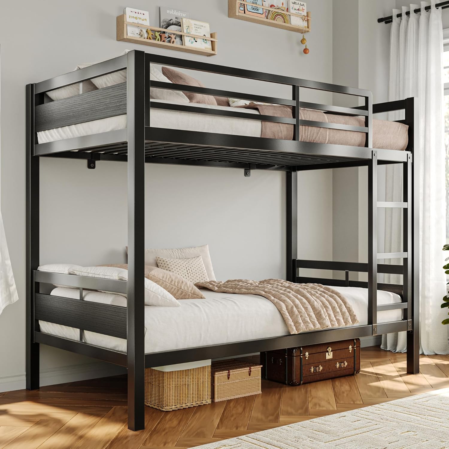 iPormis Metal Bunk Bed Twin Over Twin, Heavy Duty Bunk with High Guardrail and Safety Entrance Design, Under-Bed Storage Space, Easy Assembly, Noise Free, Black