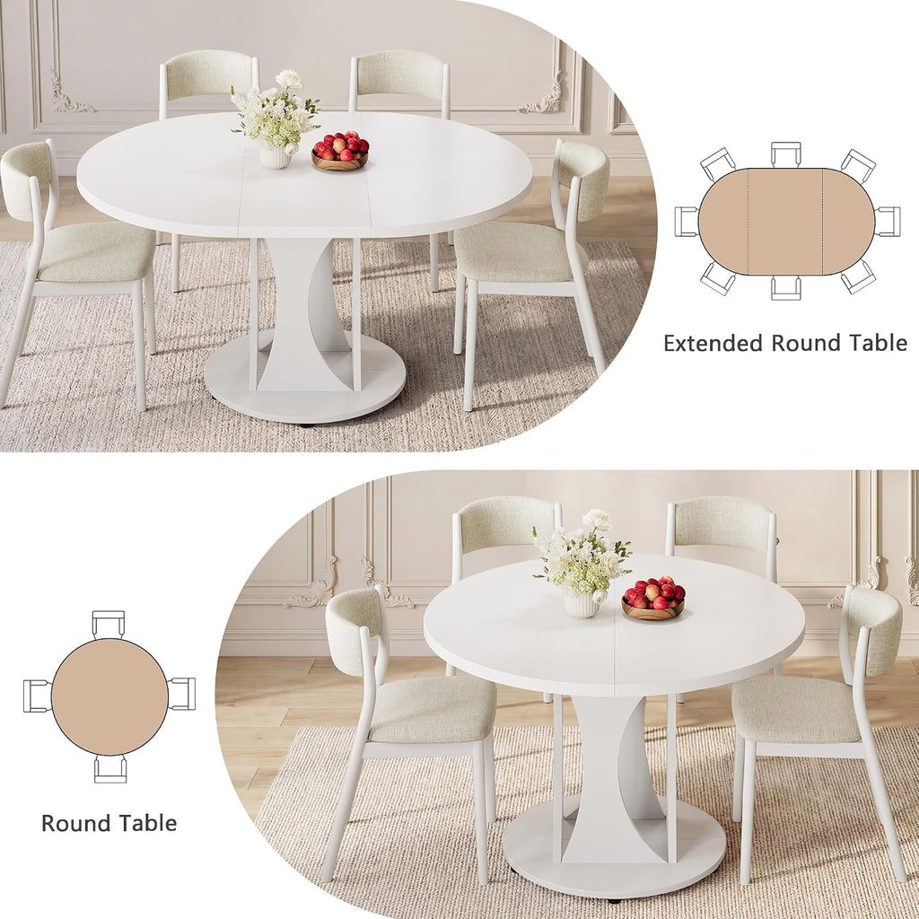 iPormis 43"-59" Extendable Dining Table, Round Kitchen Table with Modern Arcs Pedestal, Oval Dinner Table with Removable Leaves,Hidden Storage, for Kitchen, Dining Room, Living Room, Office, White