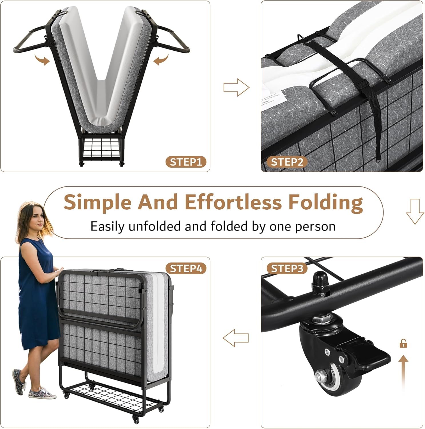 iPormis Folding Bed with Mattress, 76" x 38" Twin Foldable Bed with Side Pocket & Storage Shelf, Portable Rollaway Beds for Adults, Folded Up Beds w/Sturdy Metal Frame for Guest, Space Saving