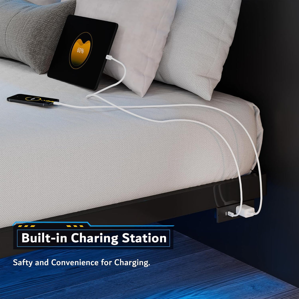 iPormis Full Size Floating Bed Frame with Charging Station and Led Light, Platform Metal Bed Frame with Heavy Duty Steel Slats Support, No Box Spring Needed, Noise-Free, Easy Assembly, Black