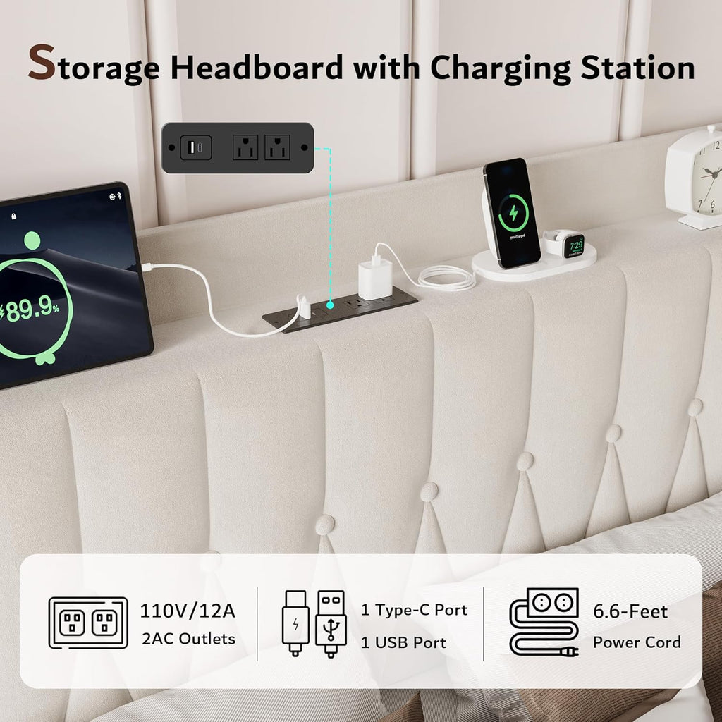 iPormis Metal Bed Frame Queen Size with Charging Station, Velvet Upholstered Headboard and Footboard, Heavy Duty Steel Support, 12" Under Bed Storage, No Box Spring Needed, Easy Assembly, Beige