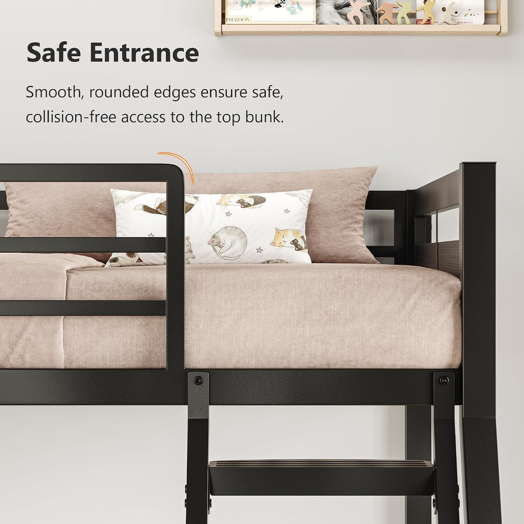 iPormis Metal Bunk Bed Twin Over Full, Heavy Duty Bunk with High Guardrail and Safety Entrance Design, Under-Bed Storage Space, Easy Assembly, Noise Free, Black