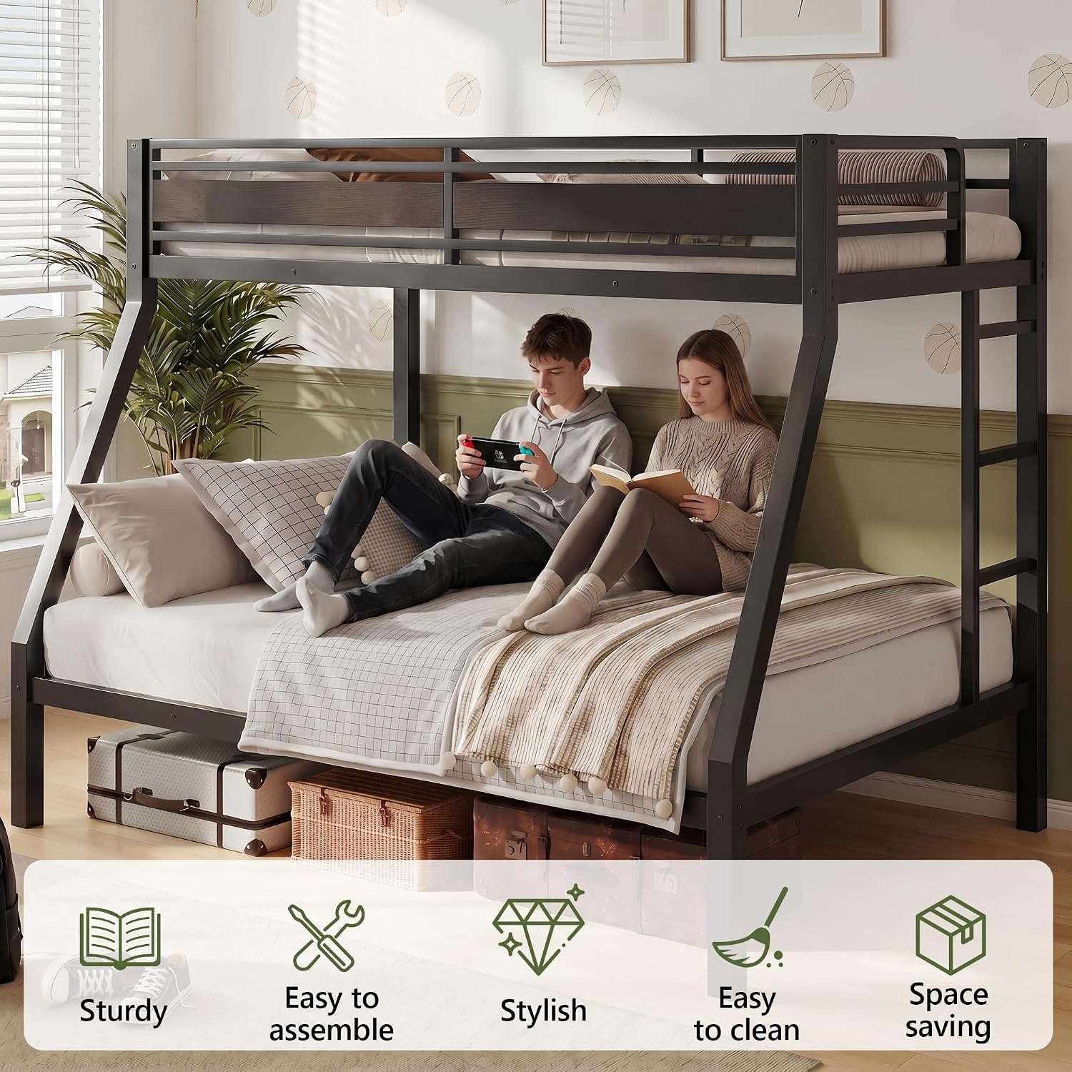 iPormis Heavy Duty Twin Over Full Bunk Beds, Metal Twin Bunk Bed Frame with 12.8" Guardrails, Loft Bed Frame for Kids and Teens, Reversible Ladder, Under Bed Storage Space, No Box Spring Needed, Black