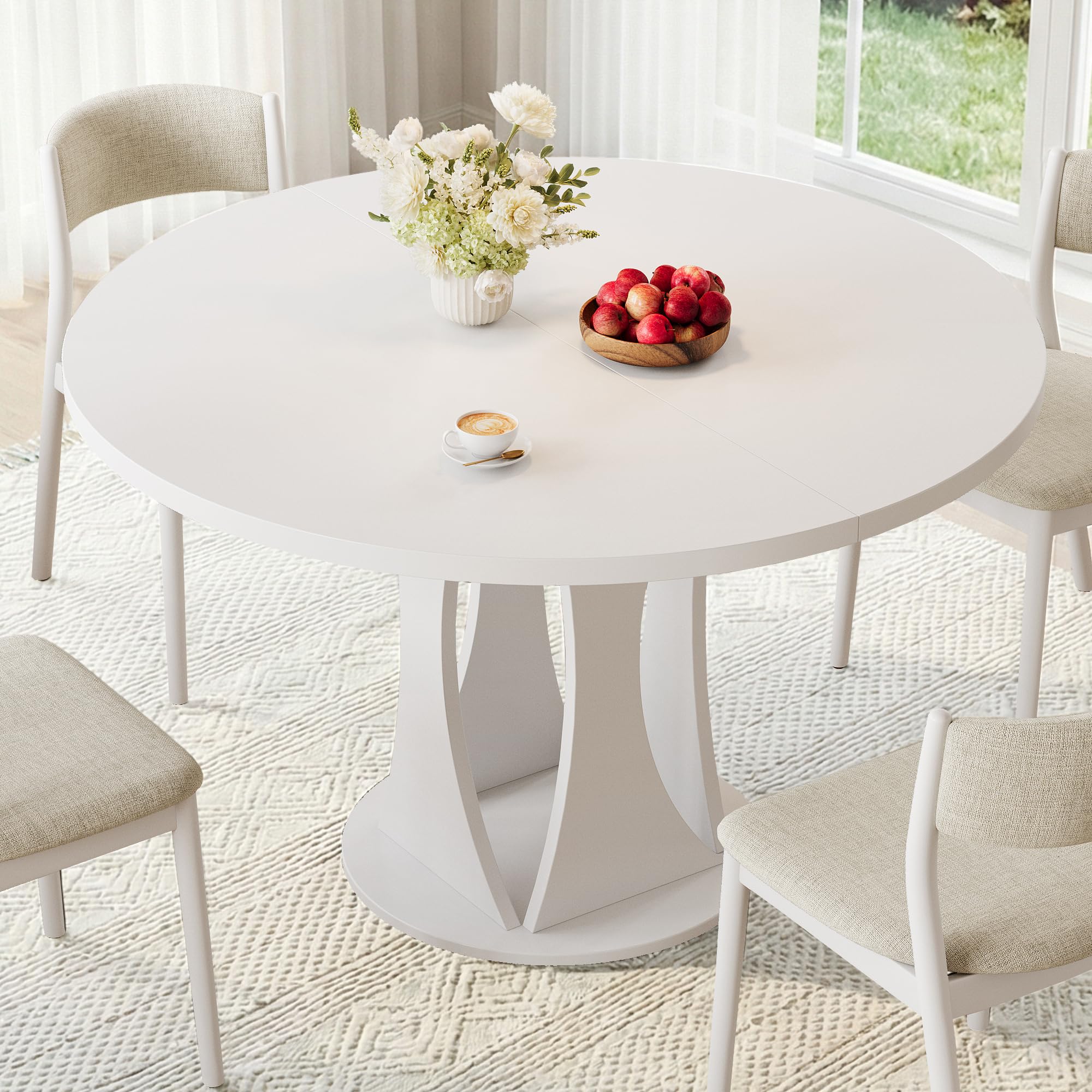 iPormis 43"-59" Extendable Dining Table, Round Kitchen Table with Modern Arcs Pedestal, Oval Dinner Table with Removable Leaves,Hidden Storage, for Kitchen, Dining Room, Living Room, Office, White