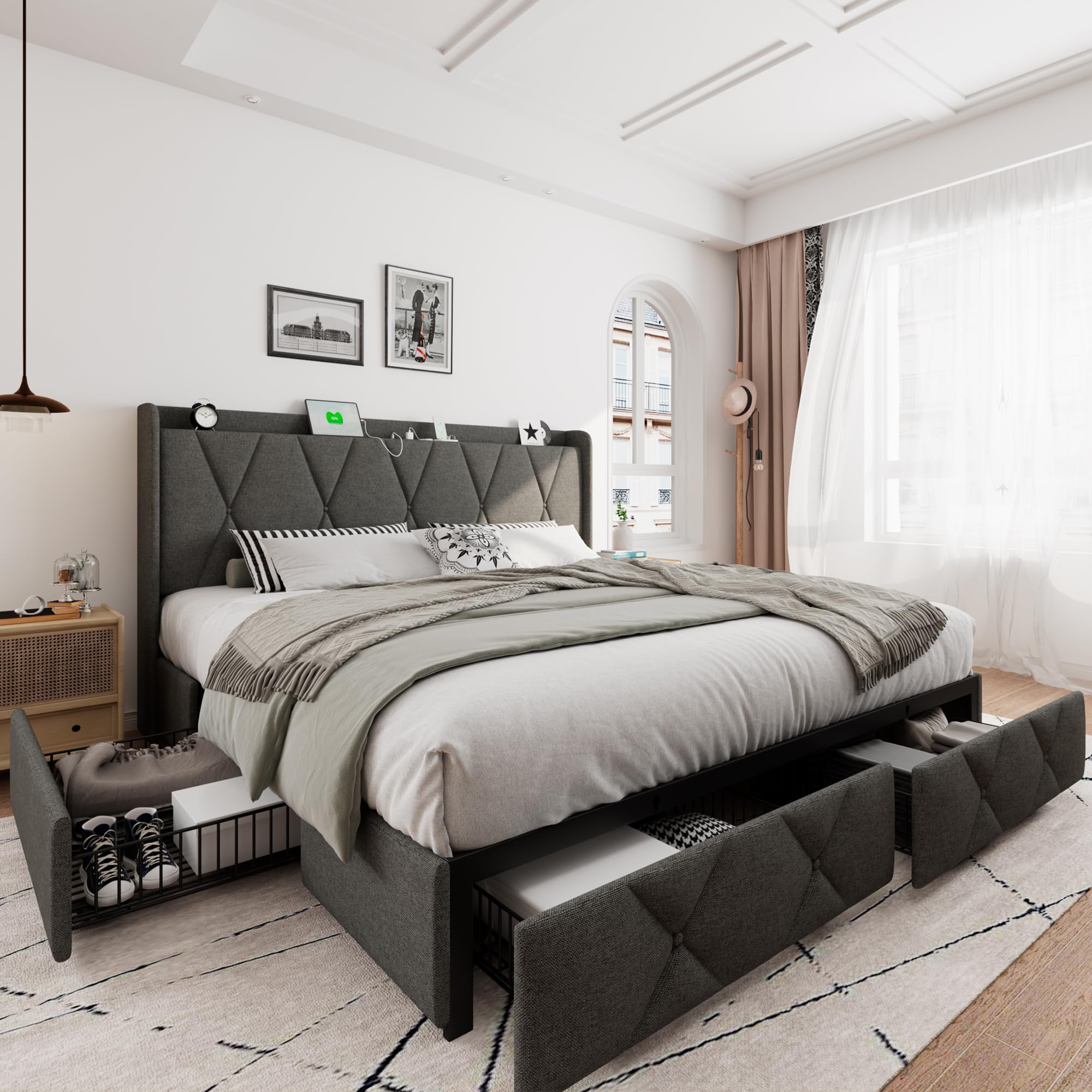 iPormis Queen Bed Frame with 4 Storage Drawers, Upholstered Platform Bed Frame with Charging Station, Modern Wingback Storage Headboard, Easy Assembly, Light Grey