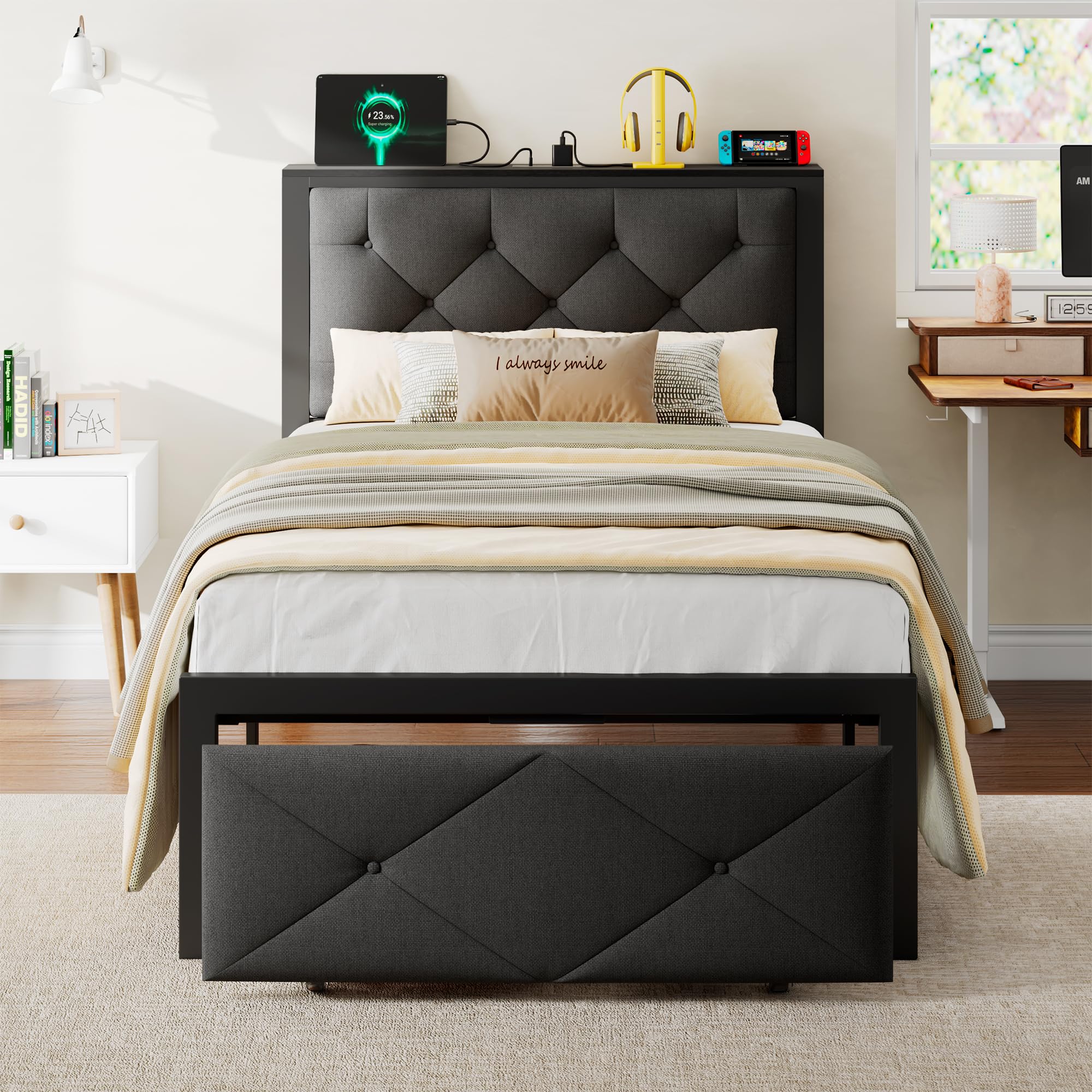 iPormis Full Bed Frame with 2 Storage Drawers, Linen Upholstered Headboard Platform Bed with Charging Station, No Box Spring Needed, Metal Slats Support, Noise-Free, Easy Assembly, Black