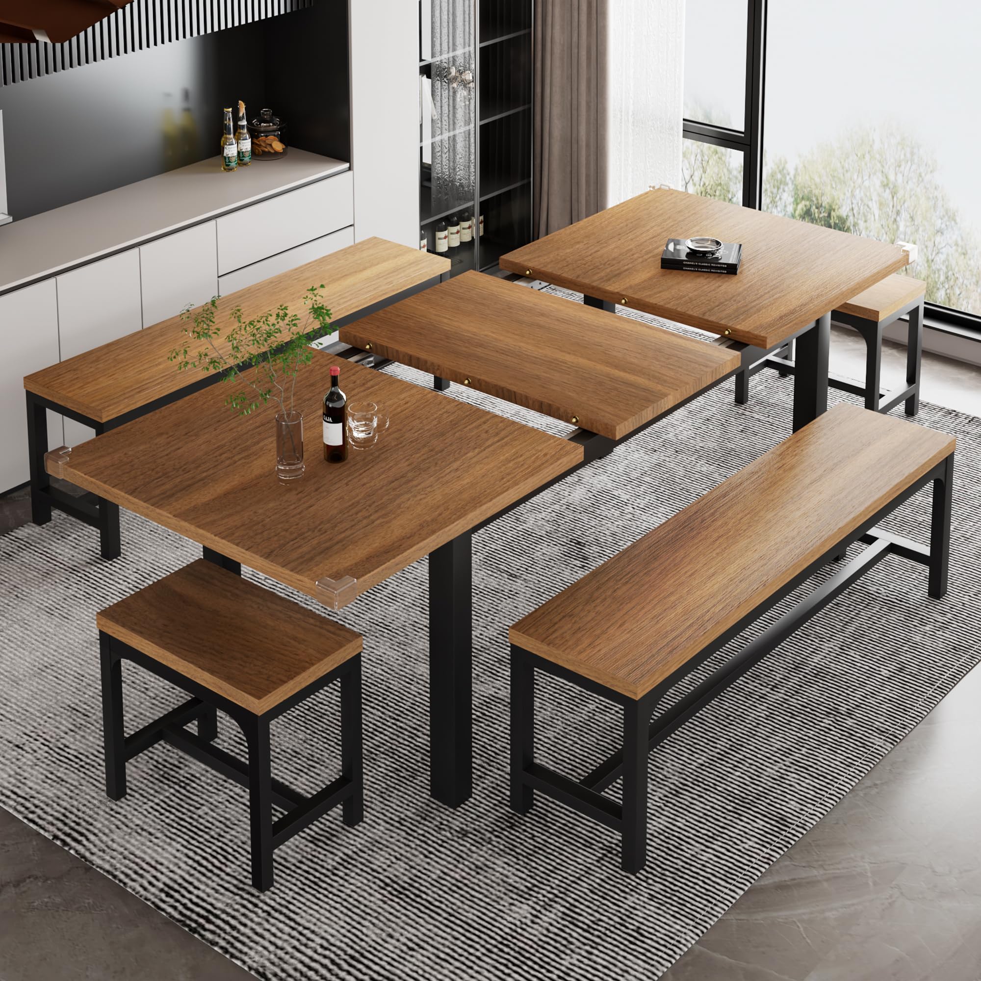 Passionate iPormis 7-piece dining table set with 63" extendable table and 6 stools in a modern kitchen setting.