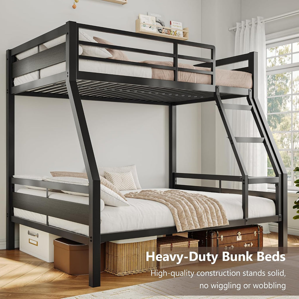 iPormis Metal Bunk Bed Twin Over Full, Heavy Duty Bunk with High Guardrail and Safety Entrance Design, Under-Bed Storage Space, Easy Assembly, Noise Free, Black