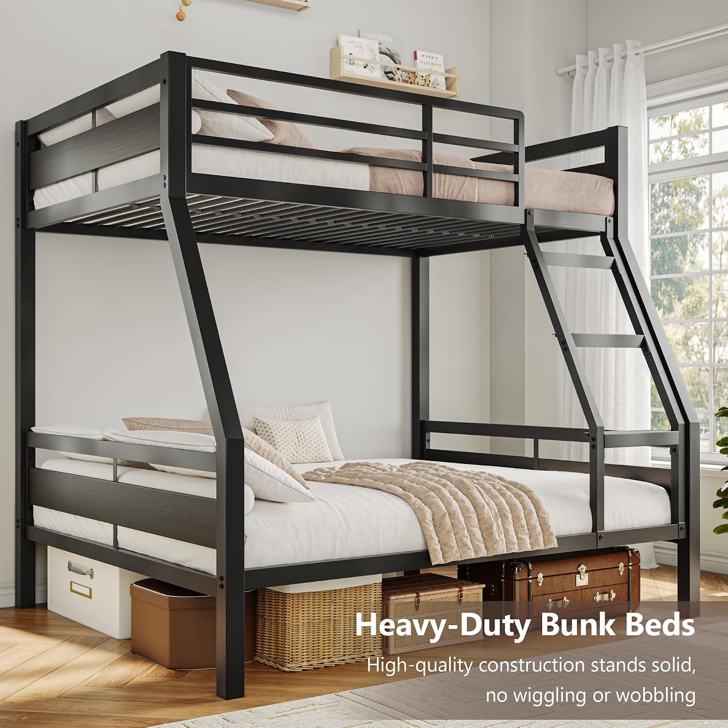iPormis Metal Bunk Bed Twin Over Full, Heavy Duty Bunk with High Guardrail and Safety Entrance Design, Under-Bed Storage Space, Easy Assembly, Noise Free, Black