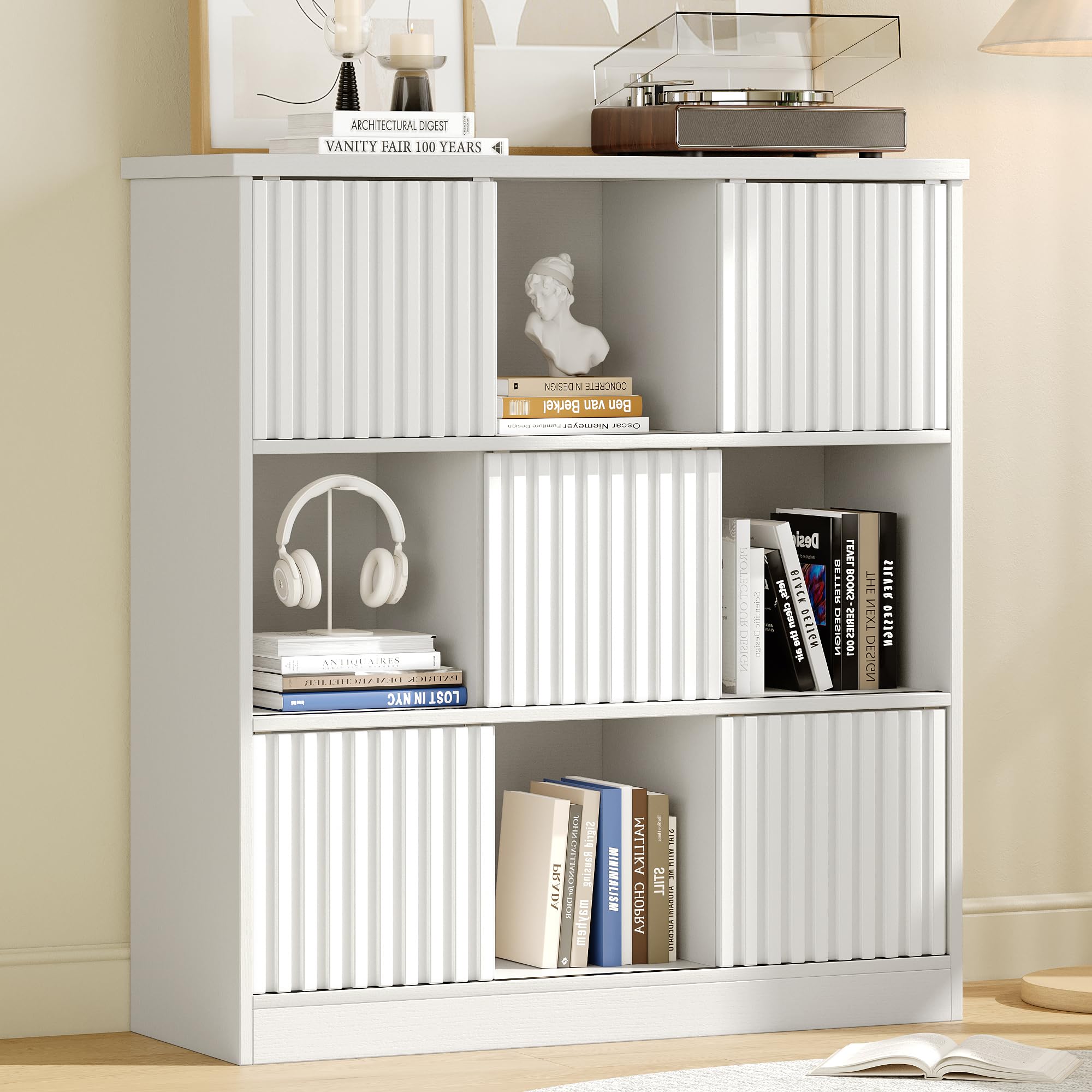 iPormis 12 Cube Bookshelf with Sliding Doors, Wooden Bookcase Storage Cabinet, Freestanding Cube Shelf Organizer for Books Decor in Living Room Bedroom Office, Black
