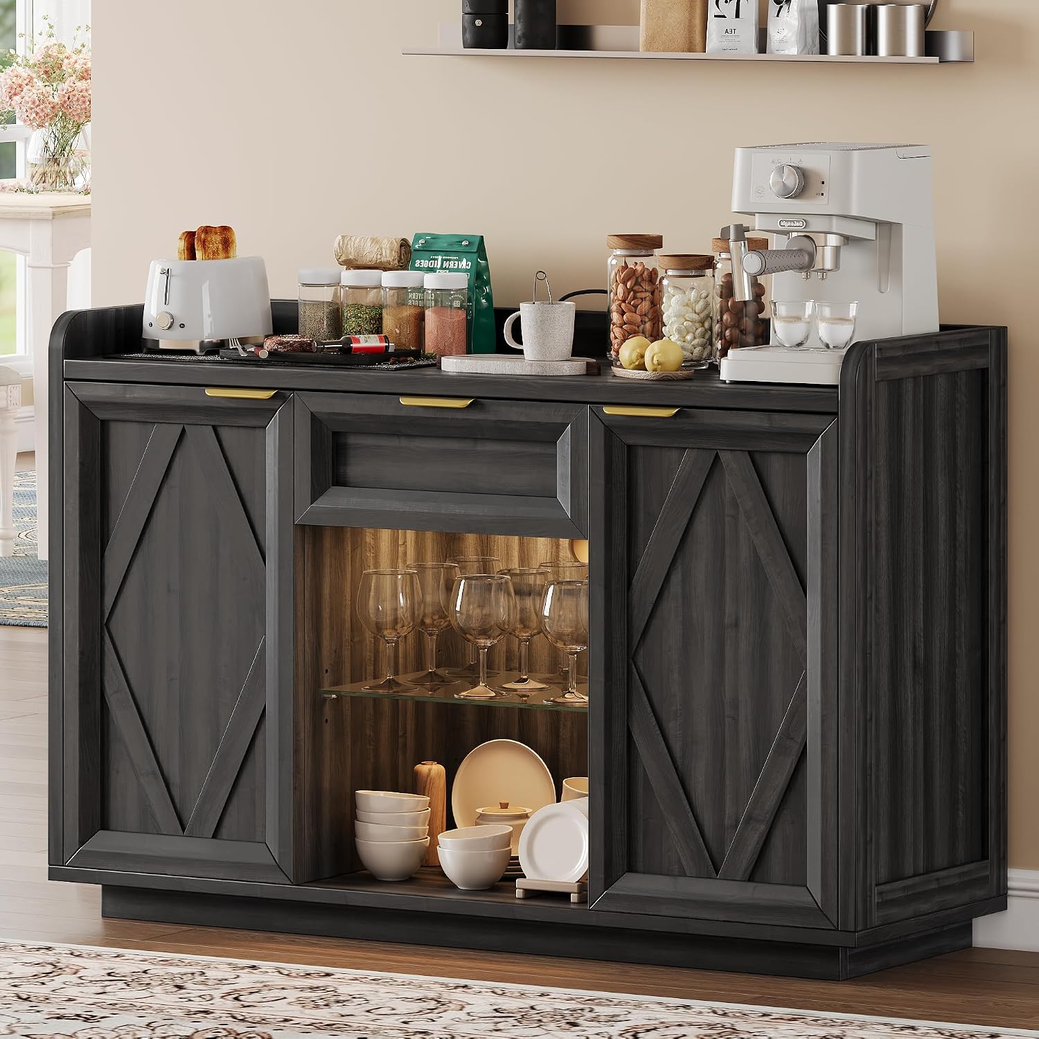 iPormis 47" Buffet Cabinet with LED Lights & Charging Station, Sideboard with Storage, 2 Doors & 1 Drawer, Adjustable Shelves, Modern Farmhouse Coffee Bar for Kitchen,Dining Room,Living Room, Black