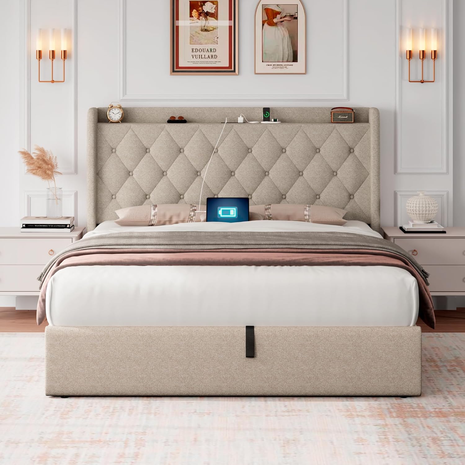 iPormis Queen Size Lift Up Storage Bed Frame with Charging Station, Upholstered Platform Bed Frame with Tufted Headboard, Hydraulic Storage, No Box Spring Needed, Noise-Free, Easy Assembly, Beige