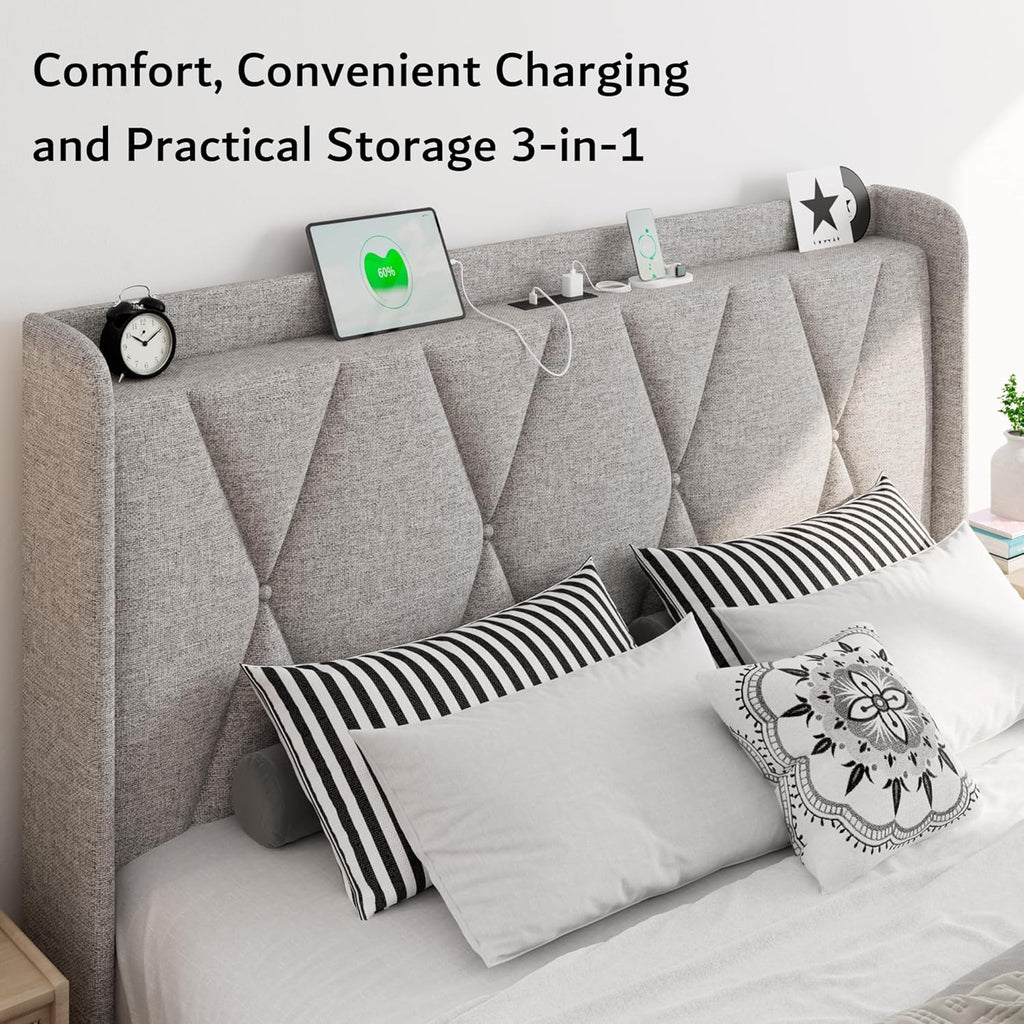 iPormis Queen Bed Frame with 4 Storage Drawers, Upholstered Platform Bed Frame with Charging Station, Modern Wingback Storage Headboard, Easy Assembly, Light Grey