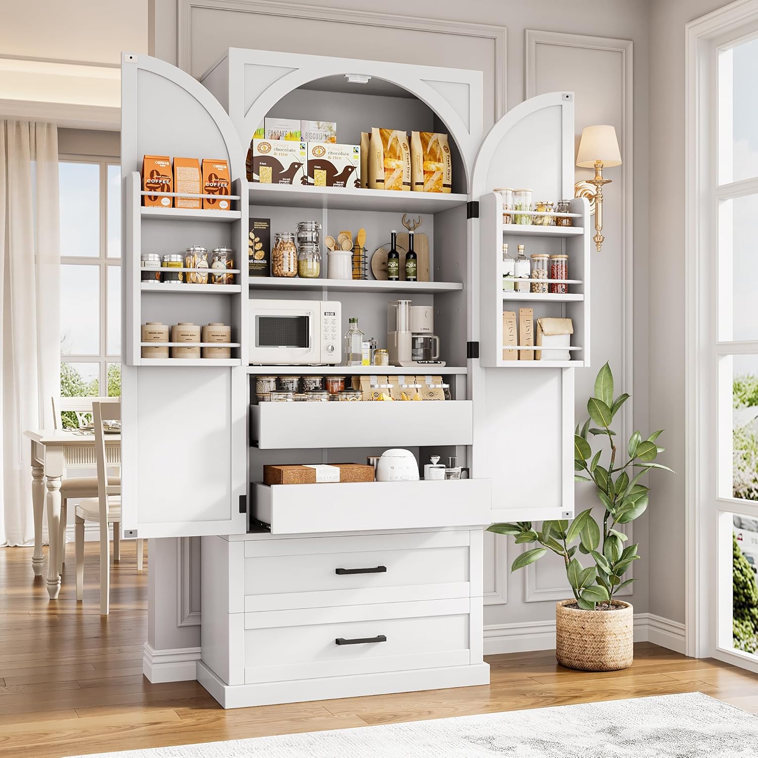 iPormis 71" Tall Kitchen Pantry Storage Cabinet w/Adjustable Shelf, Door Shelves & Large Drawers, Freestanding Kitchen Cupboard for Dining Room/Living Room, White