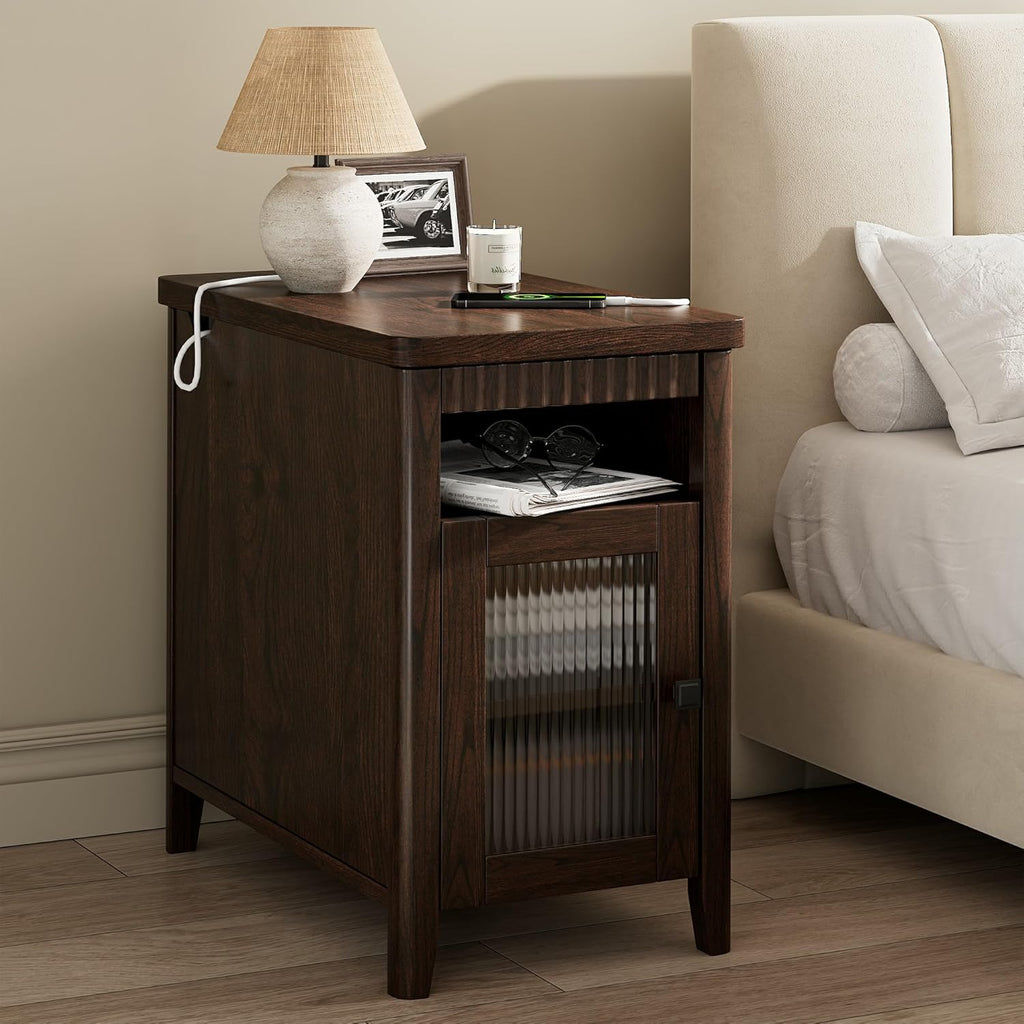 iPormis End Table with Charging Station, Narrow Side Table for Living Room, Farmhouse Night Stand with Storage Cabinet, Wood Bedside Table for Bedroom Small Space, Walnut