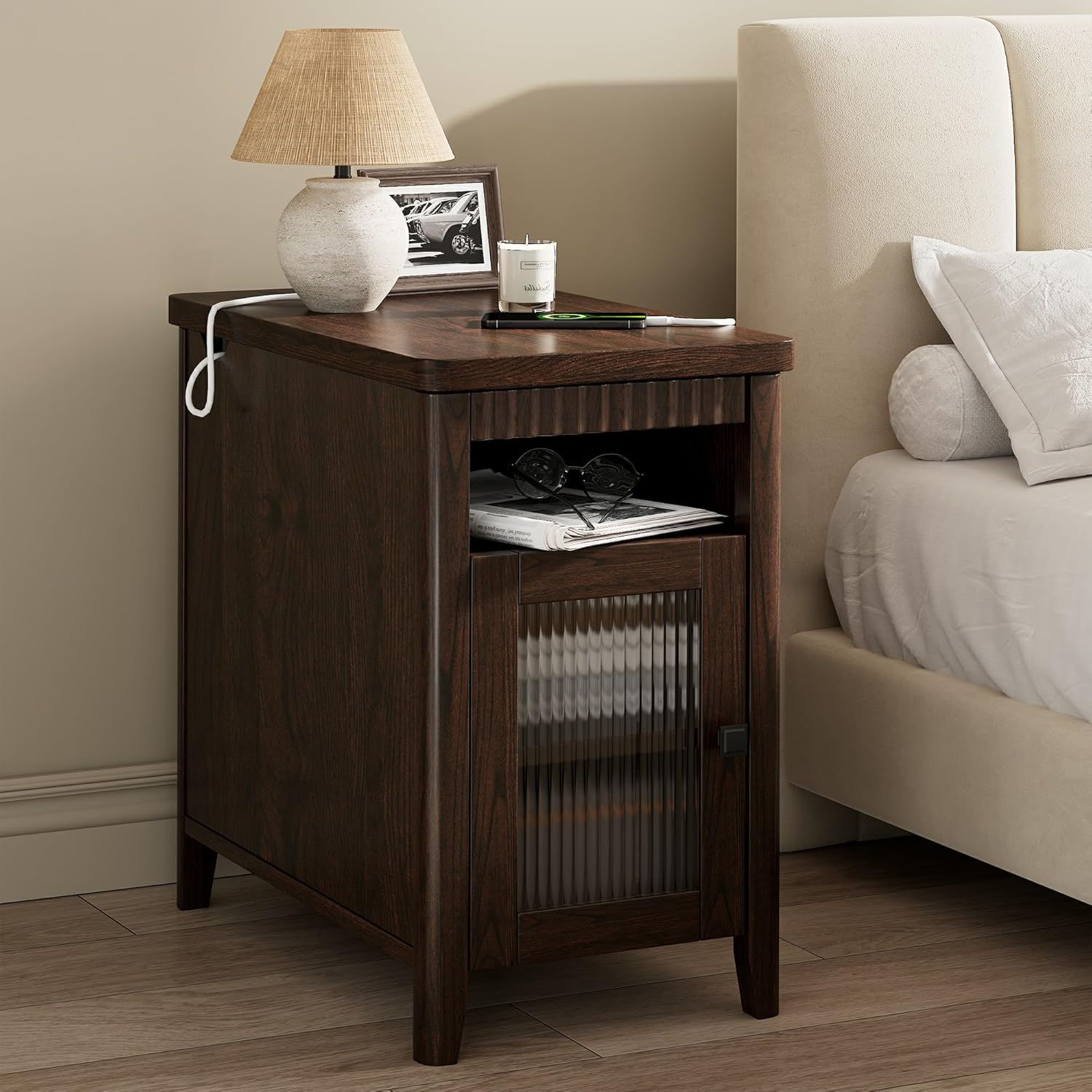 iPormis End Table with Charging Station, Narrow Side Table for Living Room, Farmhouse Night Stand with Storage Cabinet, Wood Bedside Table for Bedroom Small Space, Walnut