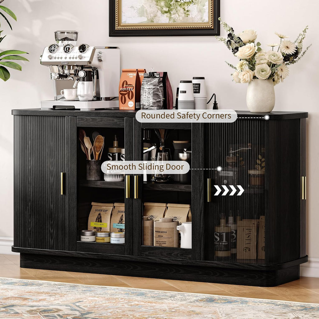 iPormis 63" Sideboard Buffet Cabinet with Storage, Modern Fluted Accent Cabinet with Sliding Doors, Adjustable Shelves, Wood Coffee Bar Console Table for Kitchen, Dining Room, Hallway, Black