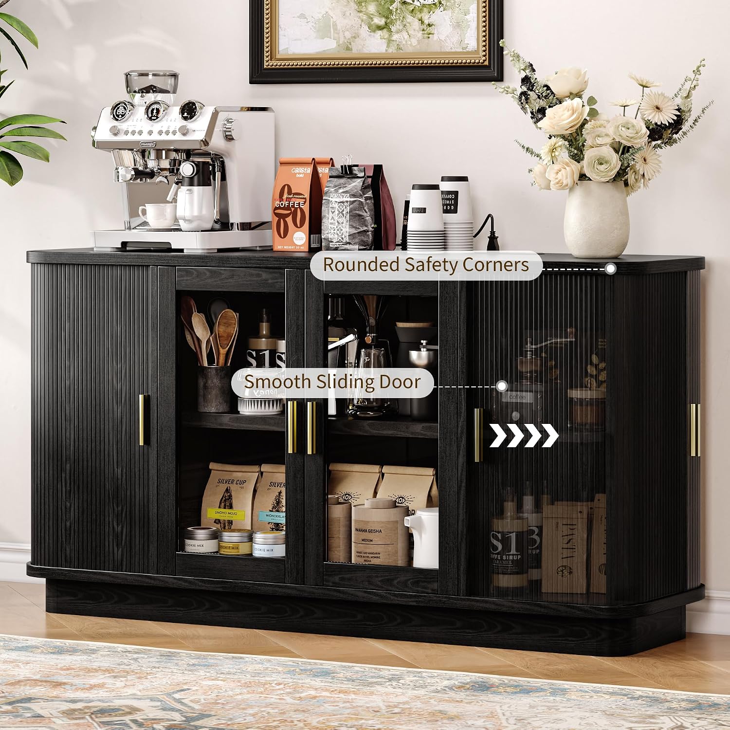 iPormis 63" Sideboard Buffet Cabinet with Storage, Modern Fluted Accent Cabinet with Sliding Doors, Adjustable Shelves, Wood Coffee Bar Console Table for Kitchen, Dining Room, Hallway, Black