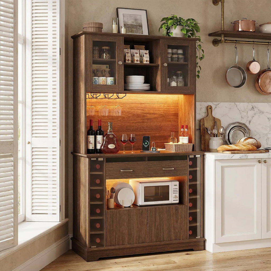 iPormis Bar Cabinet, 71'' Tall Coffee Bar Cabinet with Charging Station and LED Lights, Wine Cabinet with Storage, Wine Rack and Glass Holder, Liquor Cabinet for Home, Dark Walnut