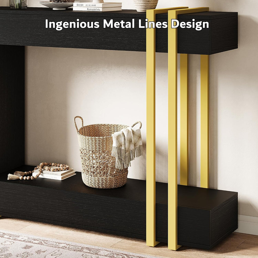 iPormis 42.5-Inch Console Table for Entryway, 2-Tier Sofa Table Behind Couch, Wood Entry Table with Storage & Metal Lines Base for Living Room, Hallway, Foyer, Black