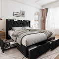 iPormis Queen Bed Frame with 4 Storage Drawers, Upholstered Platform Bed Frame with Charging Station, Modern Wingback Storage Headboard, Easy Assembly, Dark Grey