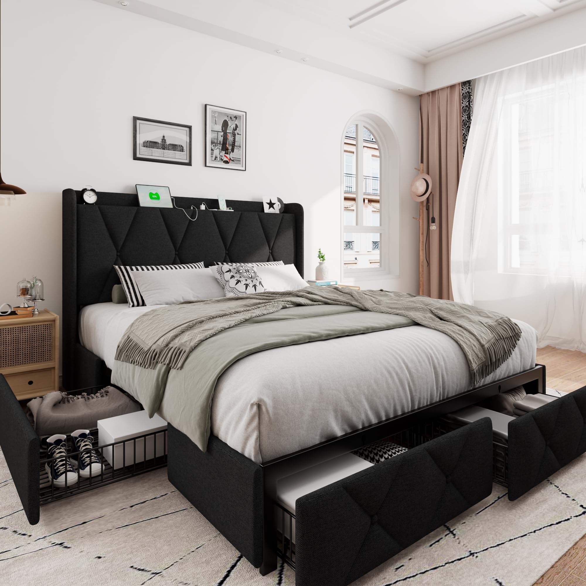 iPormis Queen Bed Frame with 4 Storage Drawers, Upholstered Platform Bed Frame with Charging Station, Modern Wingback Storage Headboard, Easy Assembly, Black