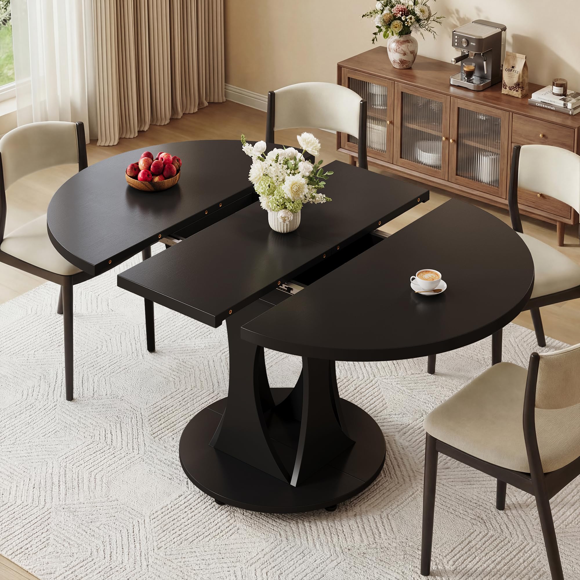 iPormis 43"-59" Extendable Dining Table, Round Kitchen Table with Modern Arcs Pedestal, Oval Dinner Table with Removable Leaves,Hidden Storage, for Kitchen, Dining Room, Living Room, Office, White