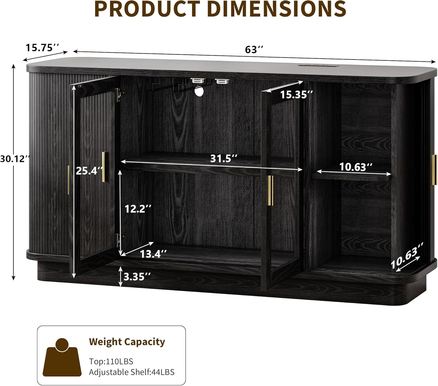 iPormis 63" Sideboard Buffet Cabinet with Storage, Modern Fluted Accent Cabinet with Sliding Doors, Adjustable Shelves, Wood Coffee Bar Console Table for Kitchen, Dining Room, Hallway, Black
