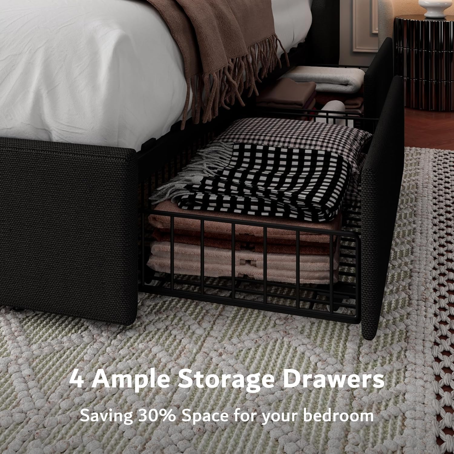 iPormis Queen Bed Frame with 4 Storage Drawers, Upholstered Platform Bed Frame with Type-C & USB Ports, Wingback Storage Headboard, Solid Wood Slats, No Box Spring Needed, Black