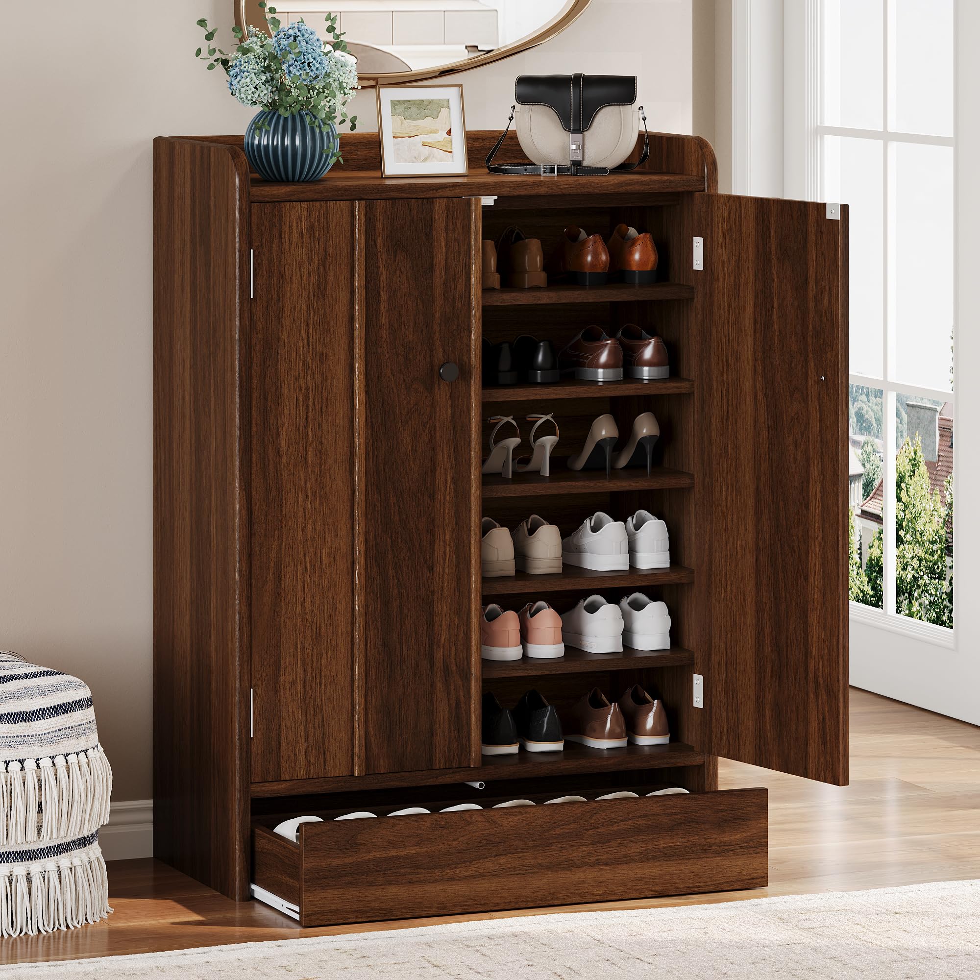iPormis 6-Tier Shoe Cabinet with Drawer Set of 2, 47” Tall Large Shoe Storage Cabinet with Doors & Adjustable Shelves, Freestanding Wooden Shoe Rack Organizer Cabinet for Entryway Hallway, Natural