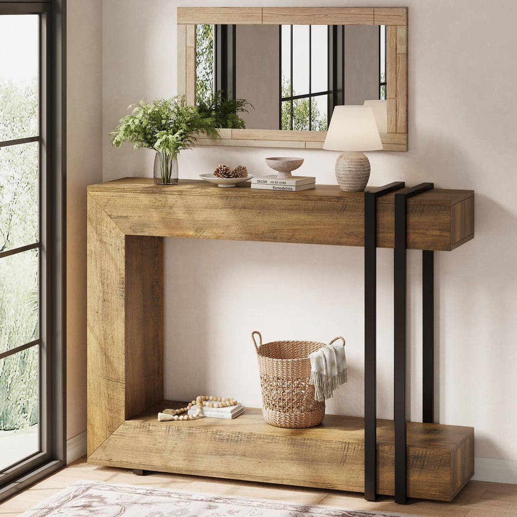 iPormis 42.5-Inch Console Table for Entryway, 2-Tier Sofa Table Behind Couch, Wood Entry Table with Storage & Metal Lines Base for Living Room, Hallway, Foyer, Black