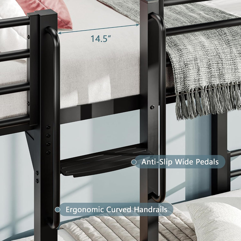 iPormis Metal Bunk Bed Twin Over Twin, Heavy Duty Bunk with High Guardrail and Ladder with Built-in Handrails & Wide Steps, Under-Bed Storage Space, Easy Assembly, Noise Free, Black