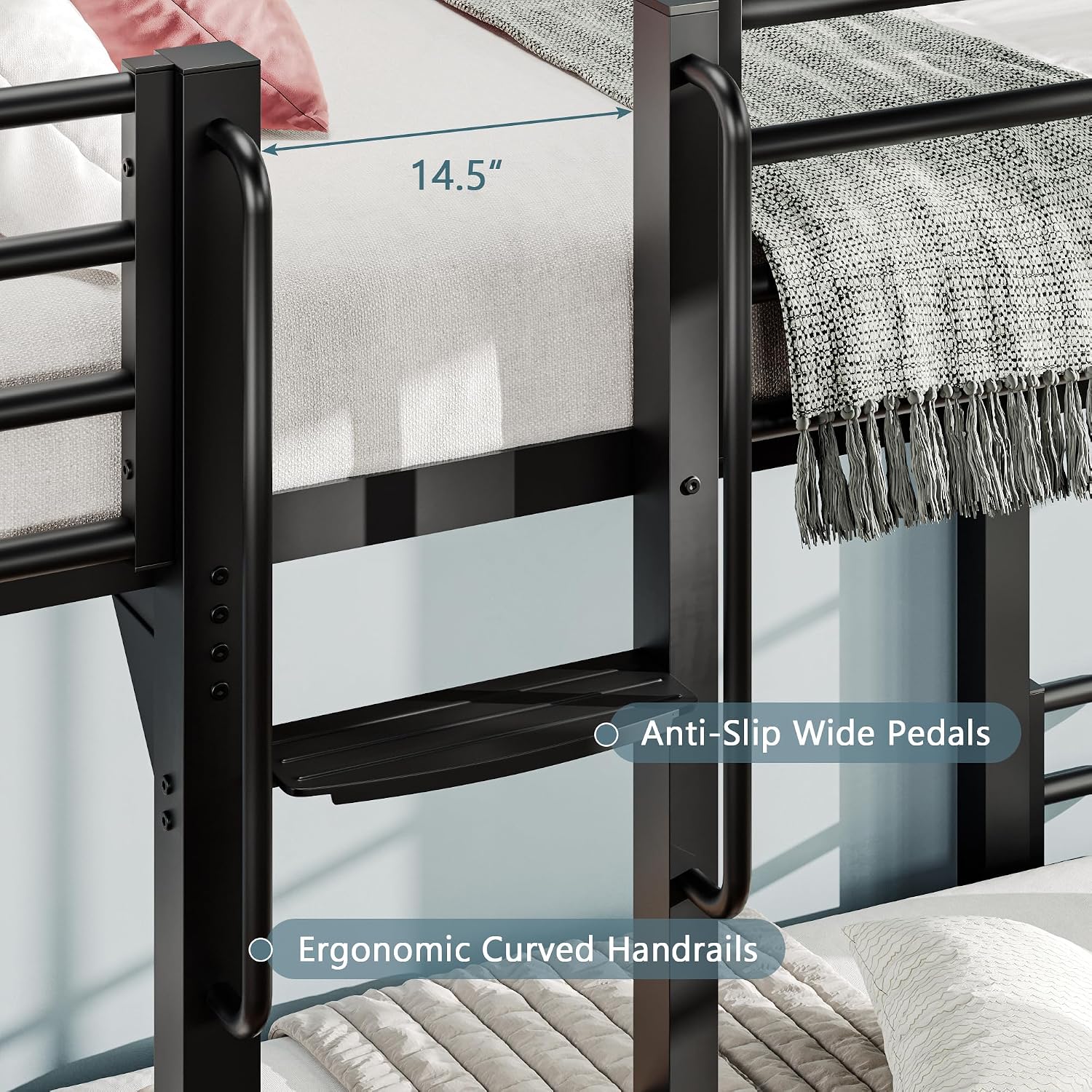 iPormis Metal Bunk Bed Twin Over Twin, Heavy Duty Bunk with High Guardrail and Ladder with Built-in Handrails & Wide Steps, Under-Bed Storage Space, Easy Assembly, Noise Free, Black