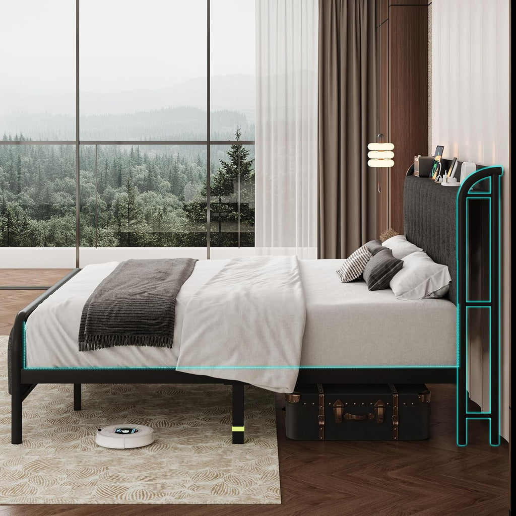 iPormis Metal Bed Frame Queen Size with Charging Station, Velvet Upholstered Headboard and Footboard, Heavy Duty Steel Support, 12" Under Bed Storage, No Box Spring Needed, Easy Assembly, Dark Grey