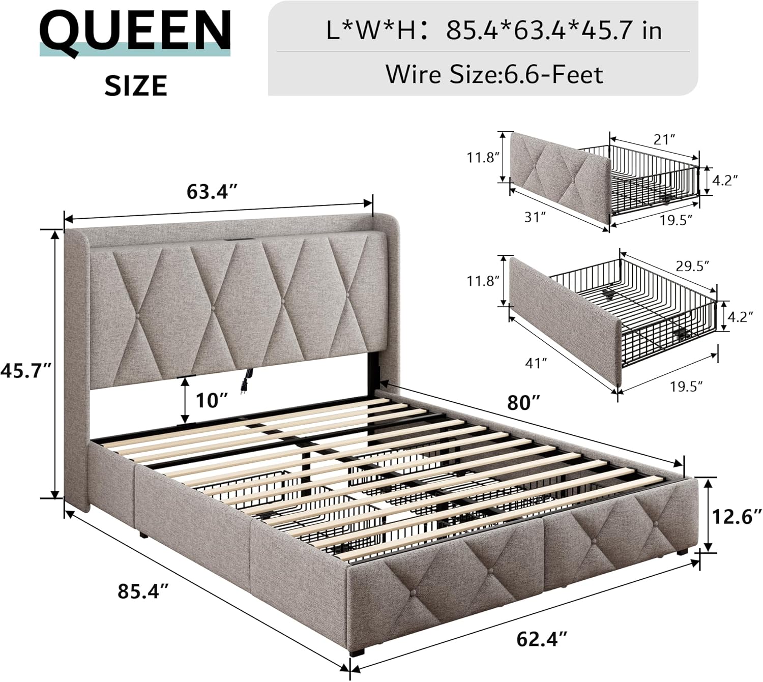 iPormis Queen Bed Frame with 4 Storage Drawers, Upholstered Platform Bed Frame with Charging Station, Modern Wingback Storage Headboard, Easy Assembly, Light Grey