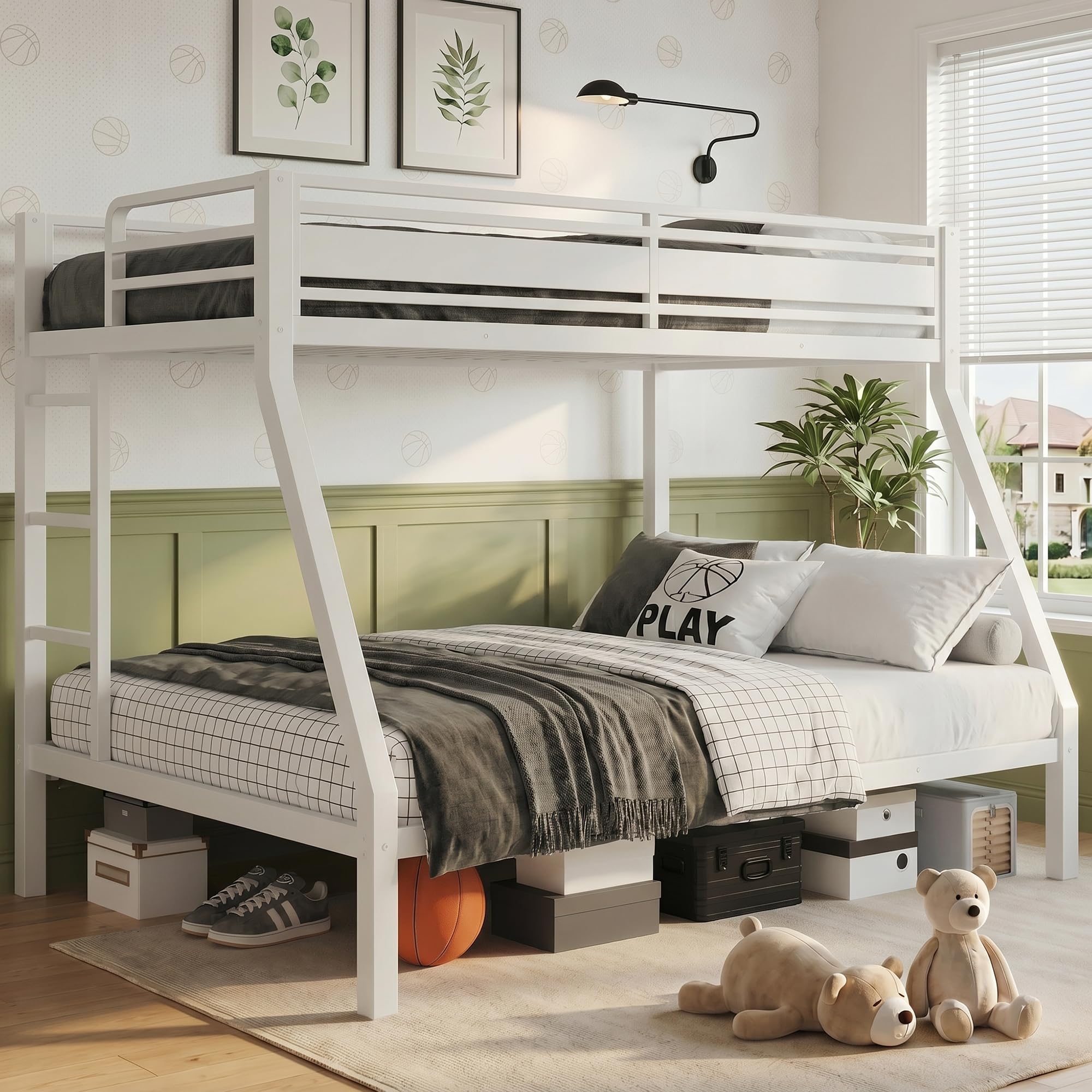 iPormis Heavy Duty Twin Over Full Bunk Beds, Metal Twin Bunk Bed Frame with 12.8" Guardrails, Loft Bed Frame for Kids and Teens, Reversible Ladder, Under Bed Storage Space, No Box Spring Needed, Black