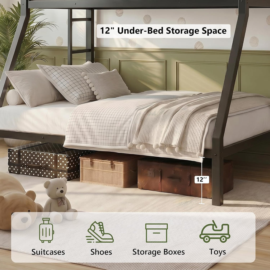 iPormis Heavy Duty Twin Over Full Bunk Beds, Metal Twin Bunk Bed Frame with 12.8" Guardrails, Loft Bed Frame for Kids and Teens, Reversible Ladder, Under Bed Storage Space, No Box Spring Needed, Black