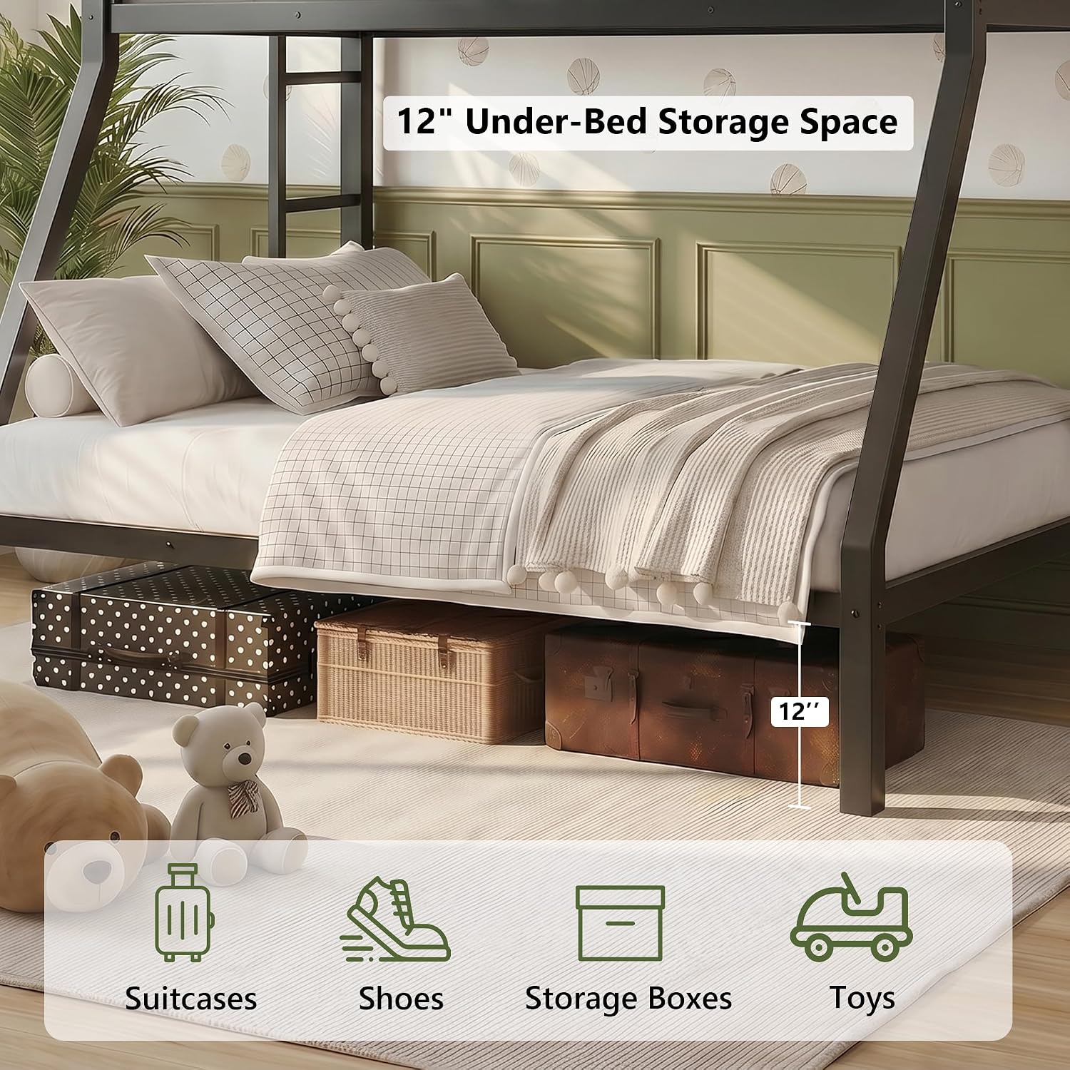 iPormis Heavy Duty Twin Over Full Bunk Beds, Metal Twin Bunk Bed Frame with 12.8" Guardrails, Loft Bed Frame for Kids and Teens, Reversible Ladder, Under Bed Storage Space, No Box Spring Needed, Black