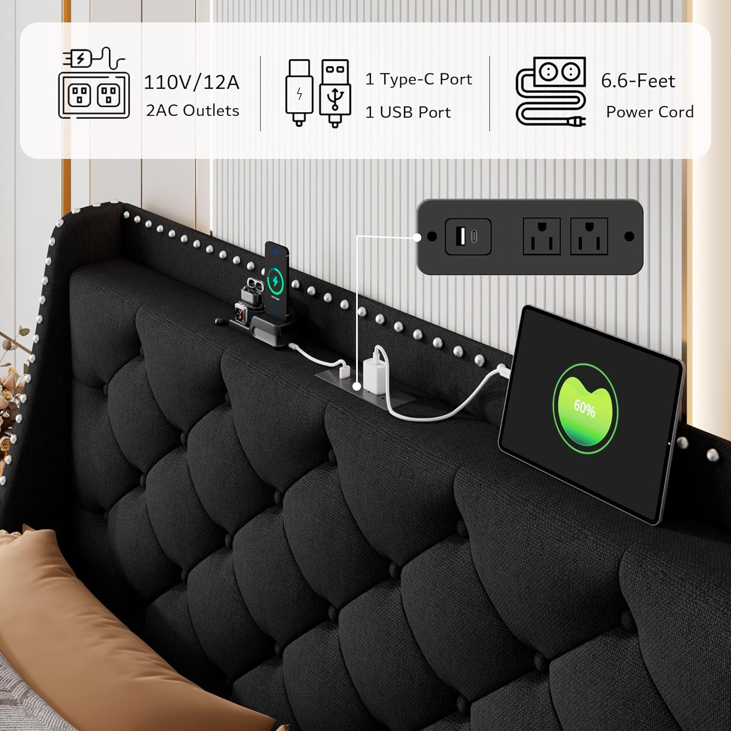 iPormis Full Bed Frame with 16" Comfort Wingback & Charging Station, Upholstered Platform Bed with Button Tufted Storage Headboard, Solid Wood Slats Support, No Box Spring Needed, Black