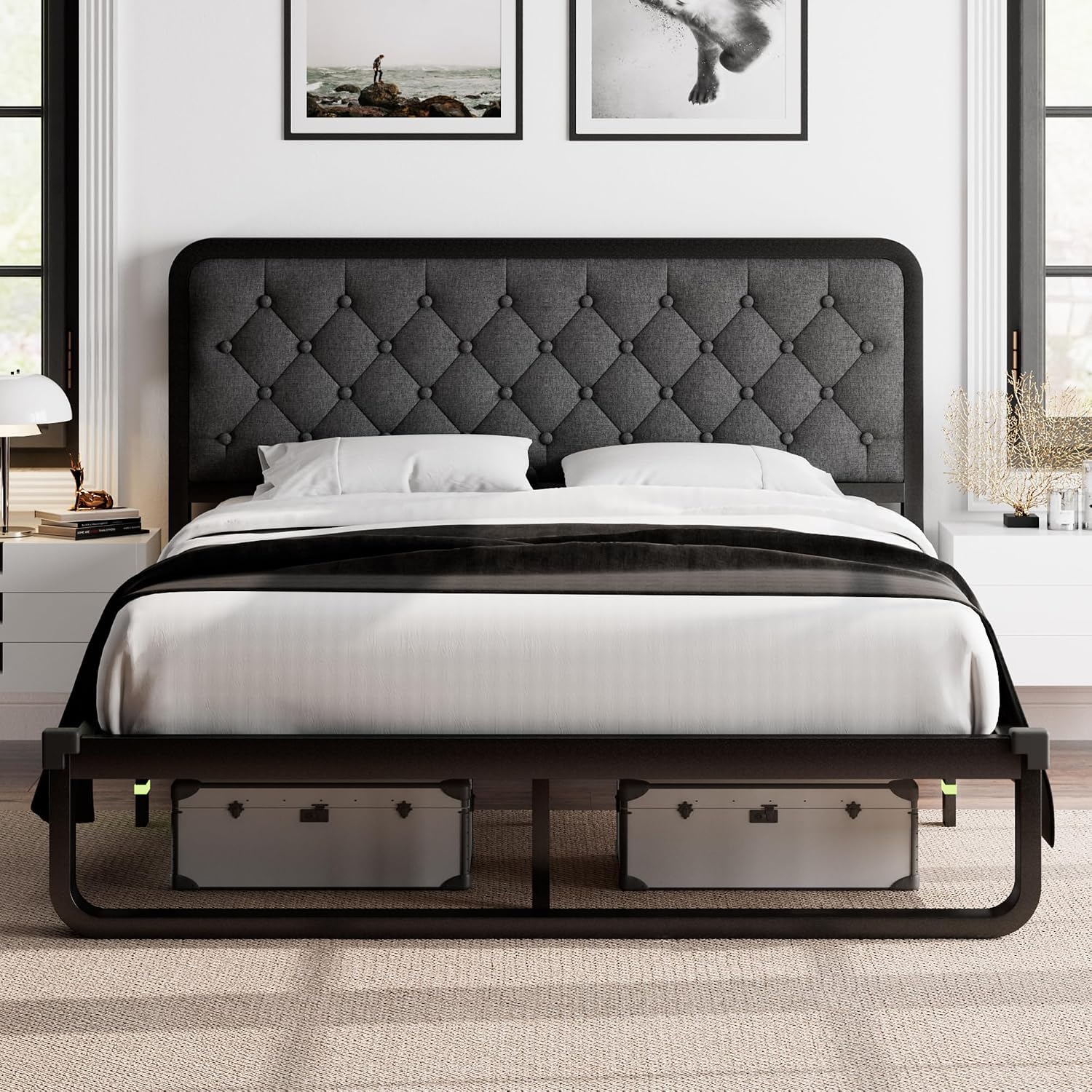 Feonase Full Size Bed Frame, Upholstered Bed Frame with Heavy-Duty Metal Steel Slats, Diamond Linen Headboard, 12" Storage Space, No Box Spring Needed, Noise Free, Easy Assembly, Dark Gray