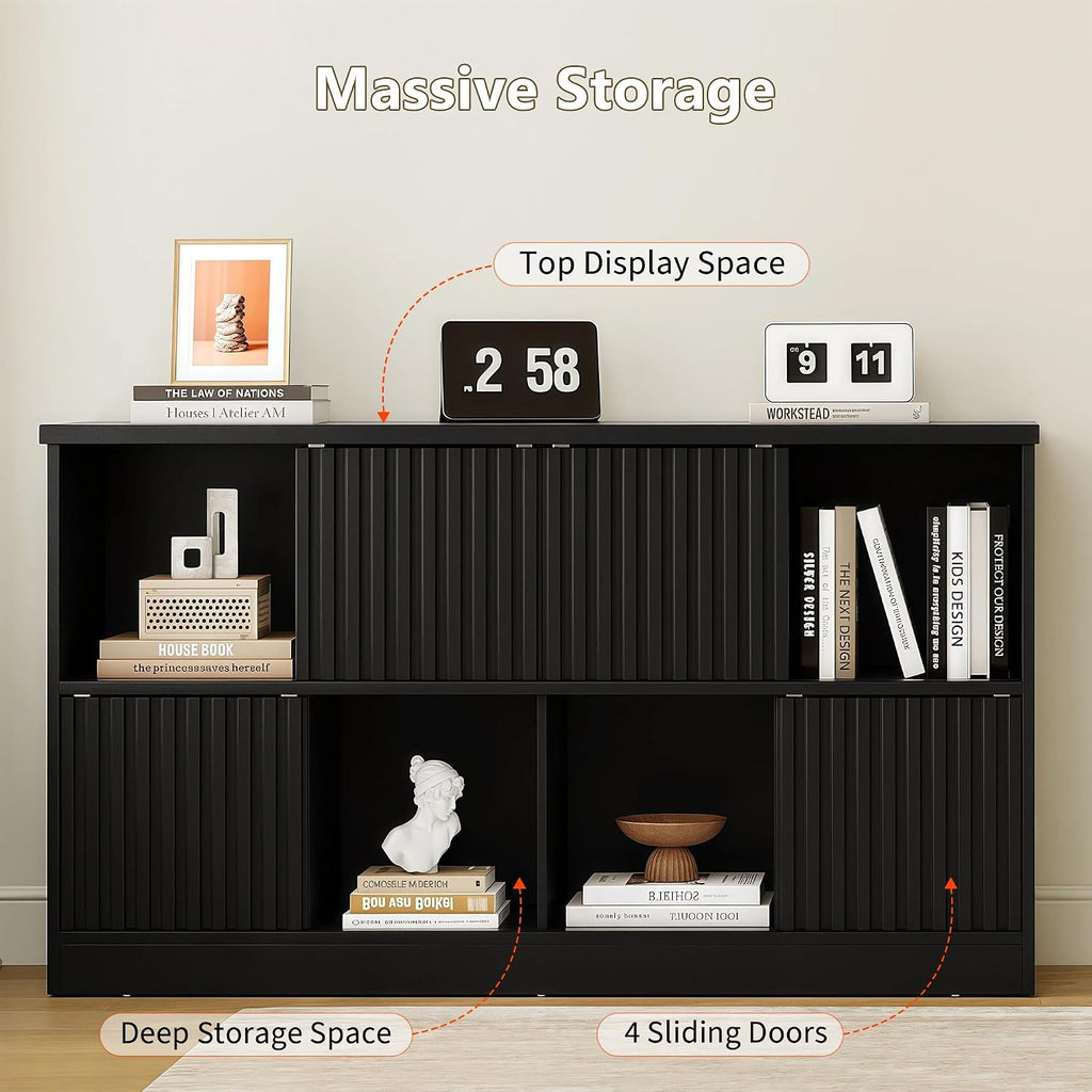 iPormis 8 Cube Bookshelf with Sliding Doors, Wooden Bookcase Storage Cabinet, Freestanding Cube Shelf Organizer for Books Decor in Living Room Bedroom Office, Black