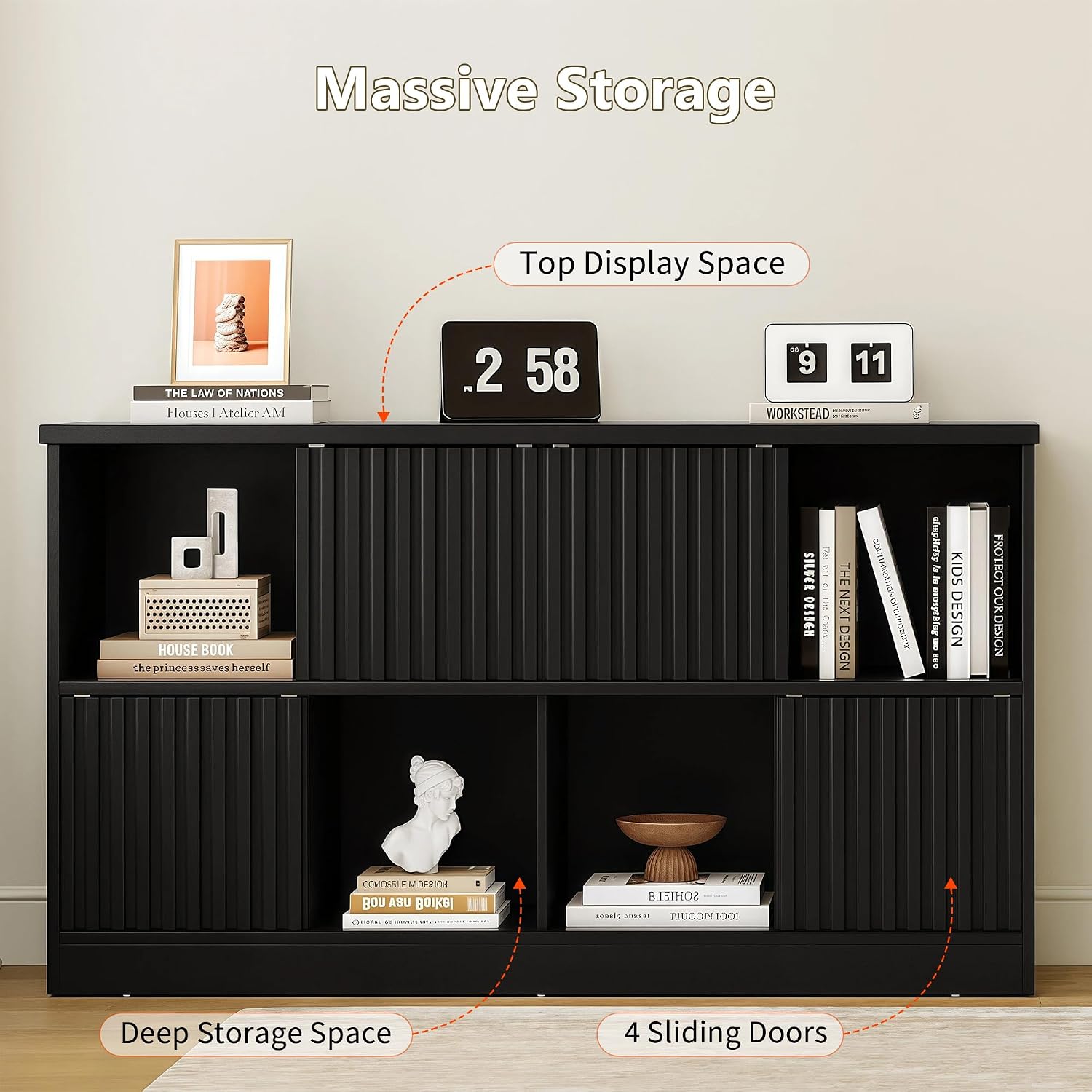 iPormis 8 Cube Bookshelf with Sliding Doors, Wooden Bookcase Storage Cabinet, Freestanding Cube Shelf Organizer for Books Decor in Living Room Bedroom Office, Black