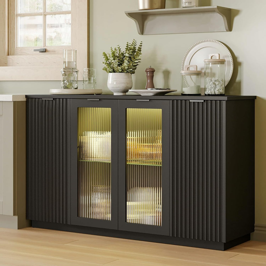 iPormis Sideboard Buffet Cabinet with Glass Doors & LED Lights, Fluted Credenza Storage Cabinet with Adjustable Shelves, 55" Modern Wood Coffee Bar for Kitchen Room Living Room Black
