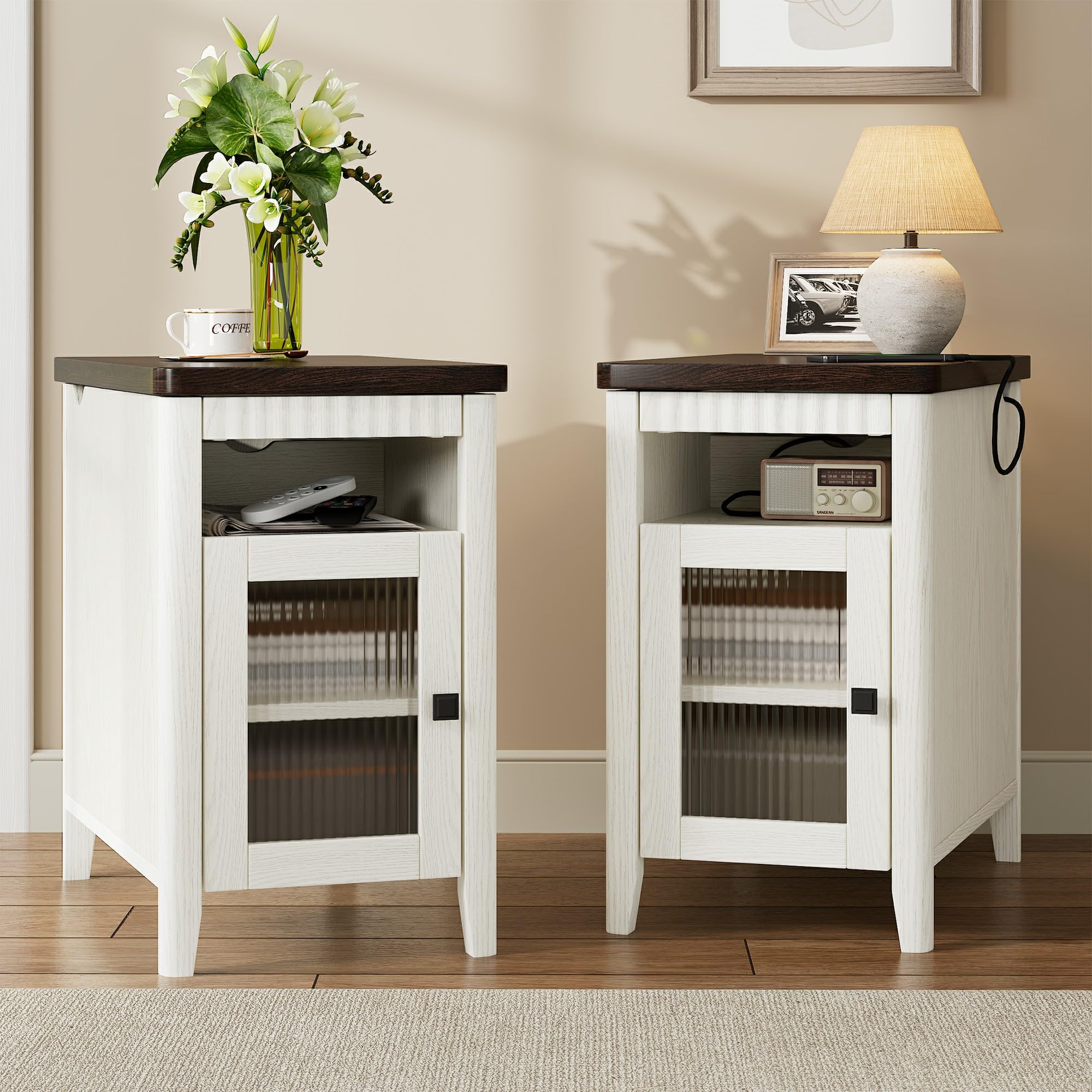 iPormis End Table with Charging Station, Narrow Side Table for Living Room, Farmhouse Night Stand with Storage Cabinet, Wood Bedside Table for Bedroom Small Space, White