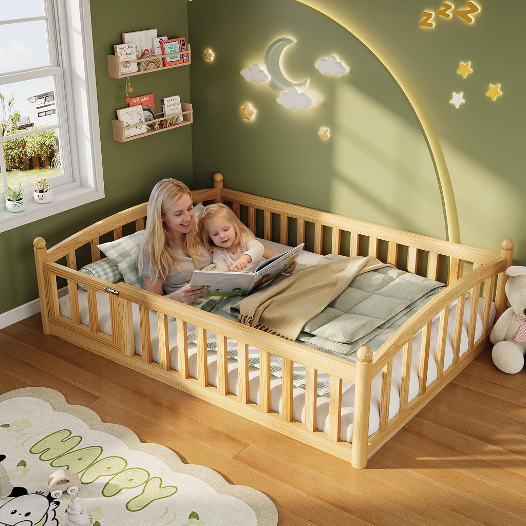 iPormis Twin Floor Bed with High Rails, Montessori Bed Frame with Wood Slats and Door, Montessori Floor Bed Twin for Kids, Girls, Boys, Easy Assembly, Natural